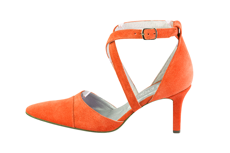Clementine orange women's open side shoes, with crossed straps. Tapered toe. High slim heel. Profile view - Florence KOOIJMAN